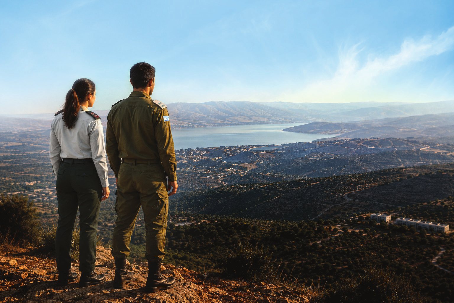 קצינה וקצין משקיפים על נוף הגליל